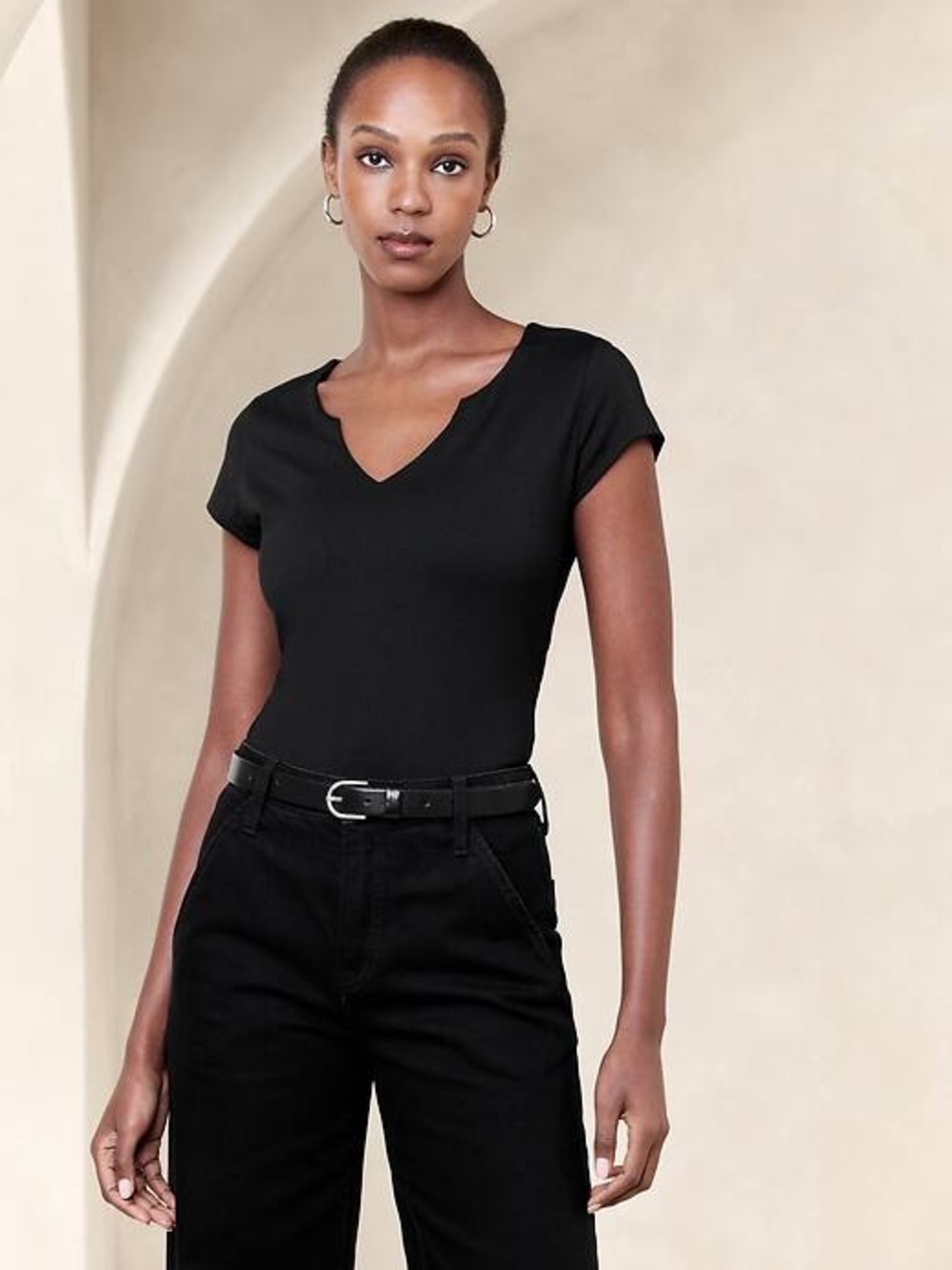 Banana Republic Black V-Notch Short Sleeve Soft Stretch Bodysuit